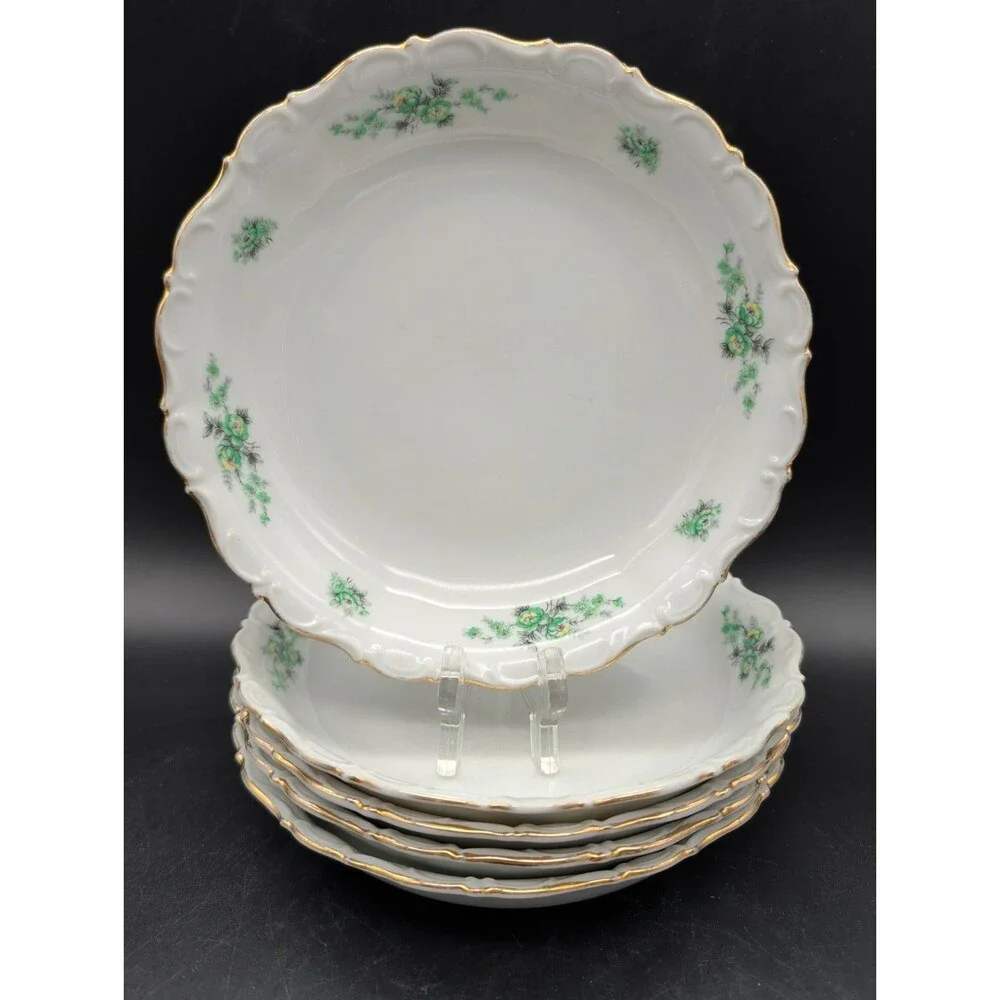 5 Vtg Seltmann Weiden Theresia Shallow Serving Bowls Green Floral Gold Bavaria